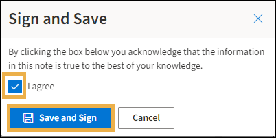 Sign and Save box with yellow highlight boxes around the I agree checkbox and the Save and Sign button.